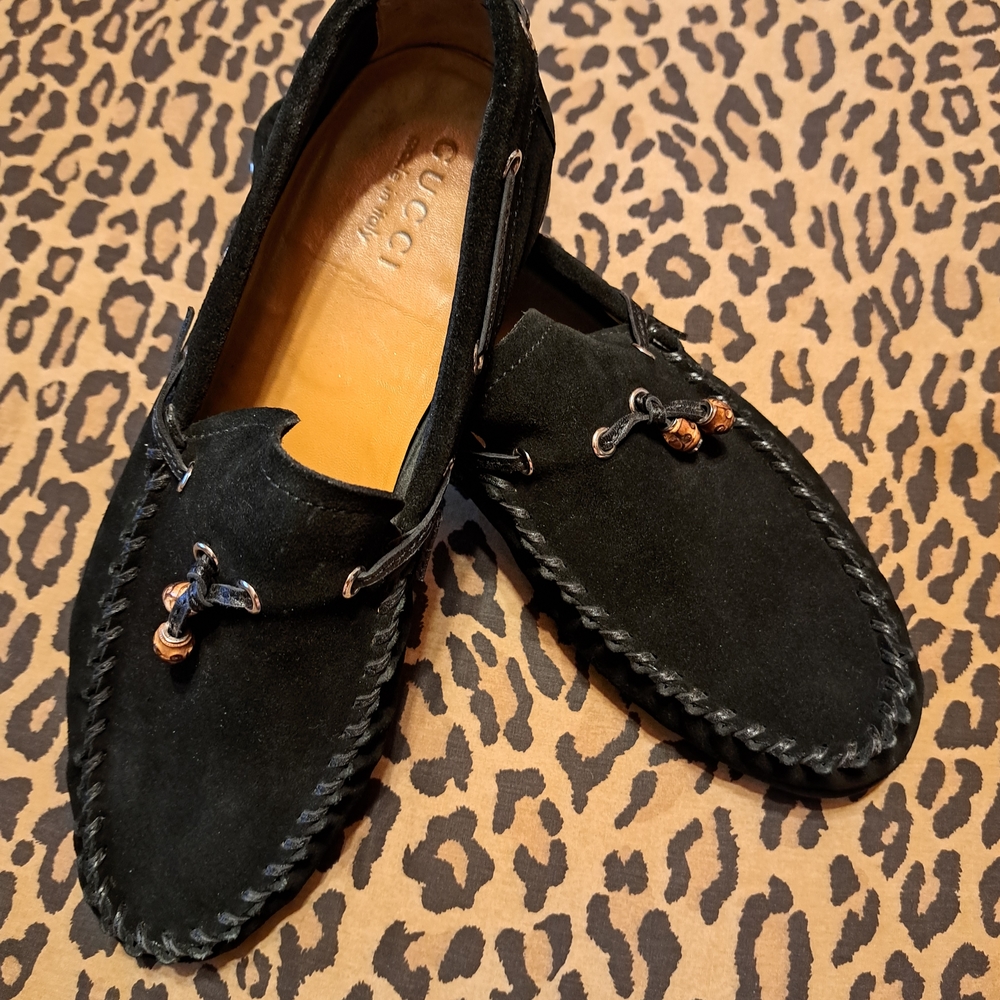 Gucci Black Suede Loafers with Gold and Blue Accents